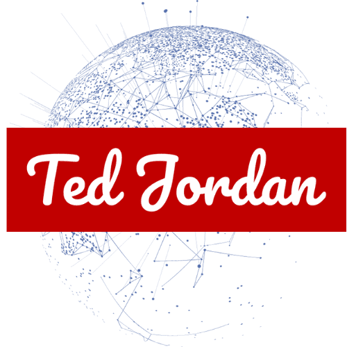 World map with Ted Jordan logo.